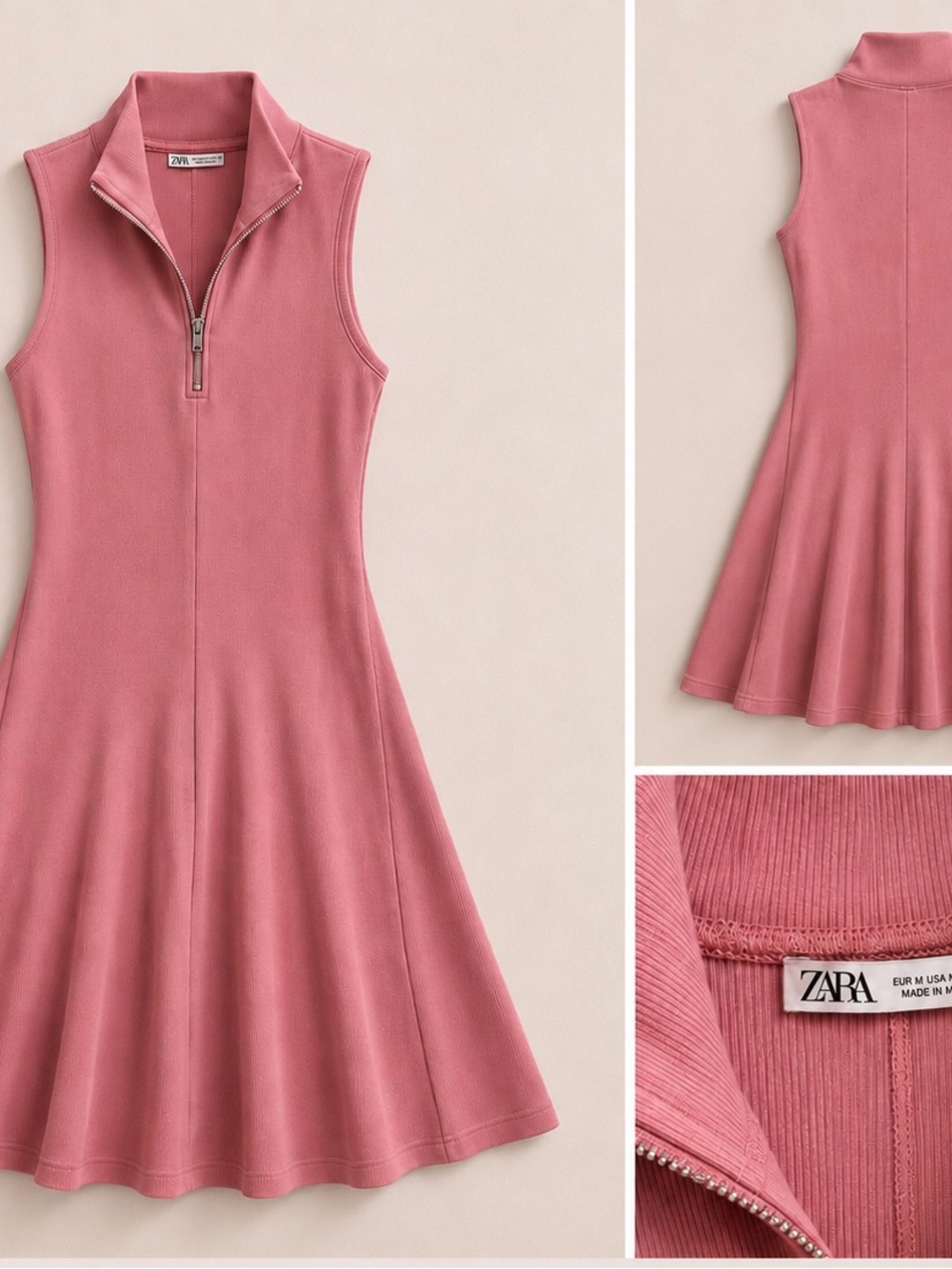 Zara Dusty Rose Sleeveless Zip Mock-Neck Fit-and-Flare Dress
